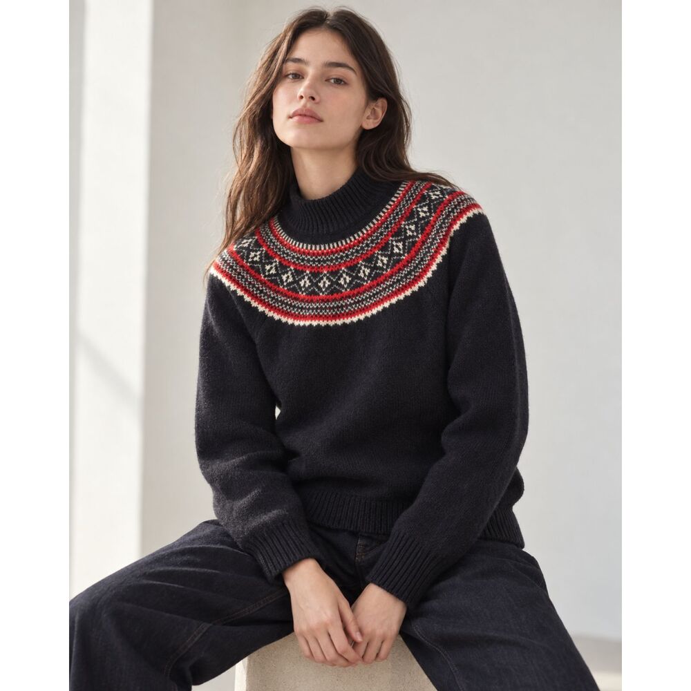 JW Anderson x UNIQLO 100% Wool Fair Isle Mock Neck Sweater Women’s XS Navy Red
